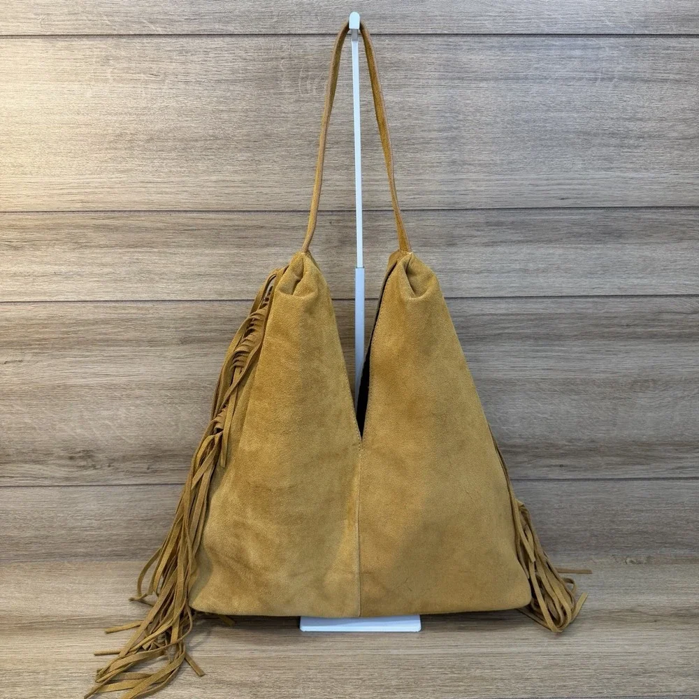 Divina Firenze Suede Fringe Hobo Bag Italian Leather Slouchy Boho Tote Tan